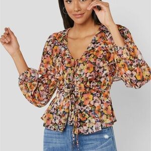 Topshop Multicoloured Pansy Floral Print Long Sleeved Blouse Top